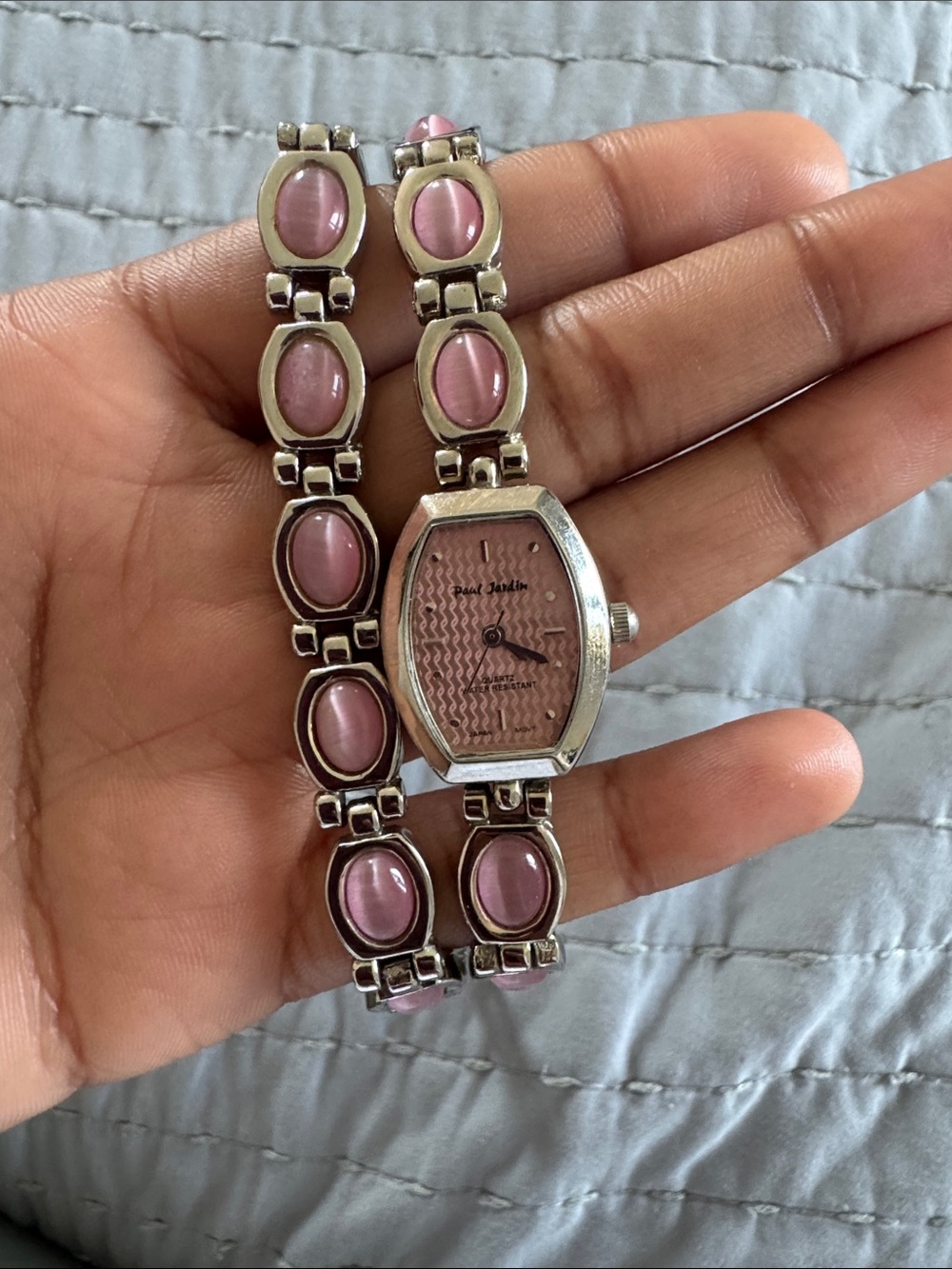 Silver-Tone Pink Stone Bracelet Watch by
